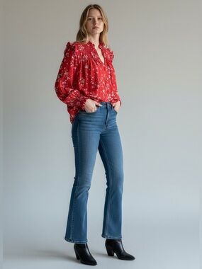 CeCe Red Floral Peasant Blouse